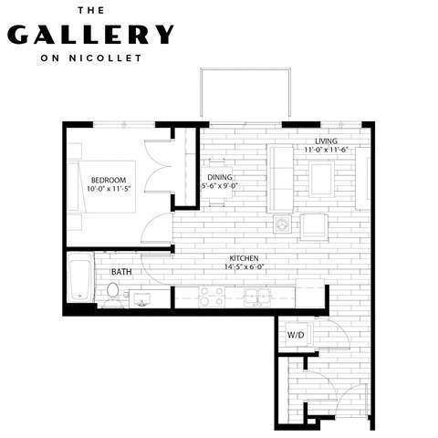 Floor plan for 1 bed, 1 bath, 665 sqft